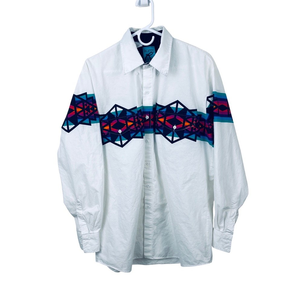 Roper Mens White Aztec Western Button Down‎ Shirt Geometric Tribal Print XL